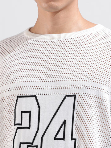 Men's White Oversized Fit Textured Flat Knit Crew Neck T-Shirt
