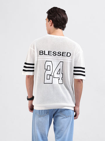 Men's White Oversized Fit Textured Flat Knit Crew Neck T-Shirt