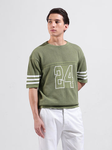 Men's Green Oversized Fit Textured Flat Knit Crew Neck T-Shirt