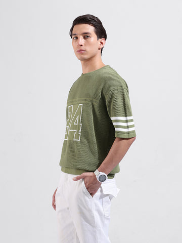Men's Green Oversized Fit Textured Flat Knit Crew Neck T-Shirt