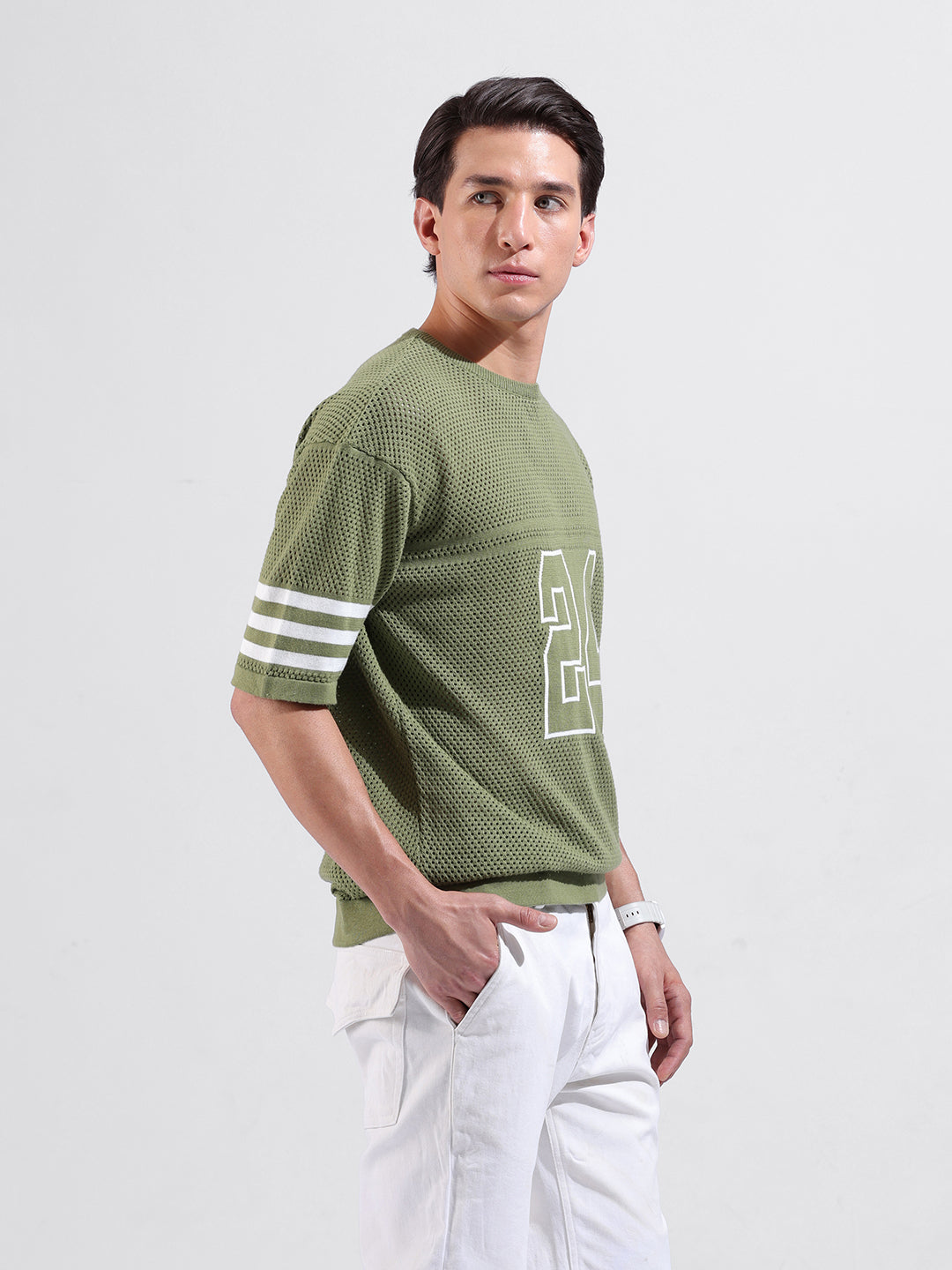 Men's Green Oversized Fit Textured Flat Knit Crew Neck T-Shirt