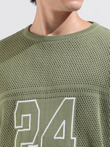 Men's Green Oversized Fit Textured Flat Knit Crew Neck T-Shirt