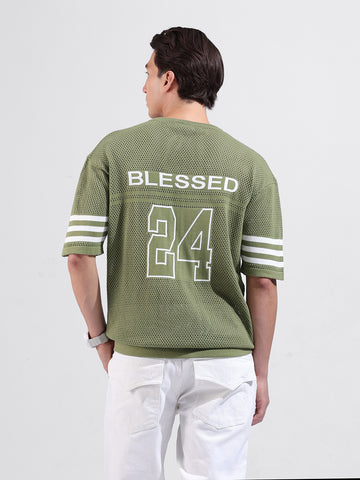 Men's Green Oversized Fit Textured Flat Knit Crew Neck T-Shirt