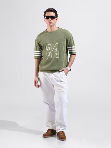 Men's Green Oversized Fit Textured Flat Knit Crew Neck T-Shirt