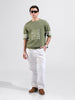 Men's Green Oversized Fit Textured Flat Knit Crew Neck T-Shirt