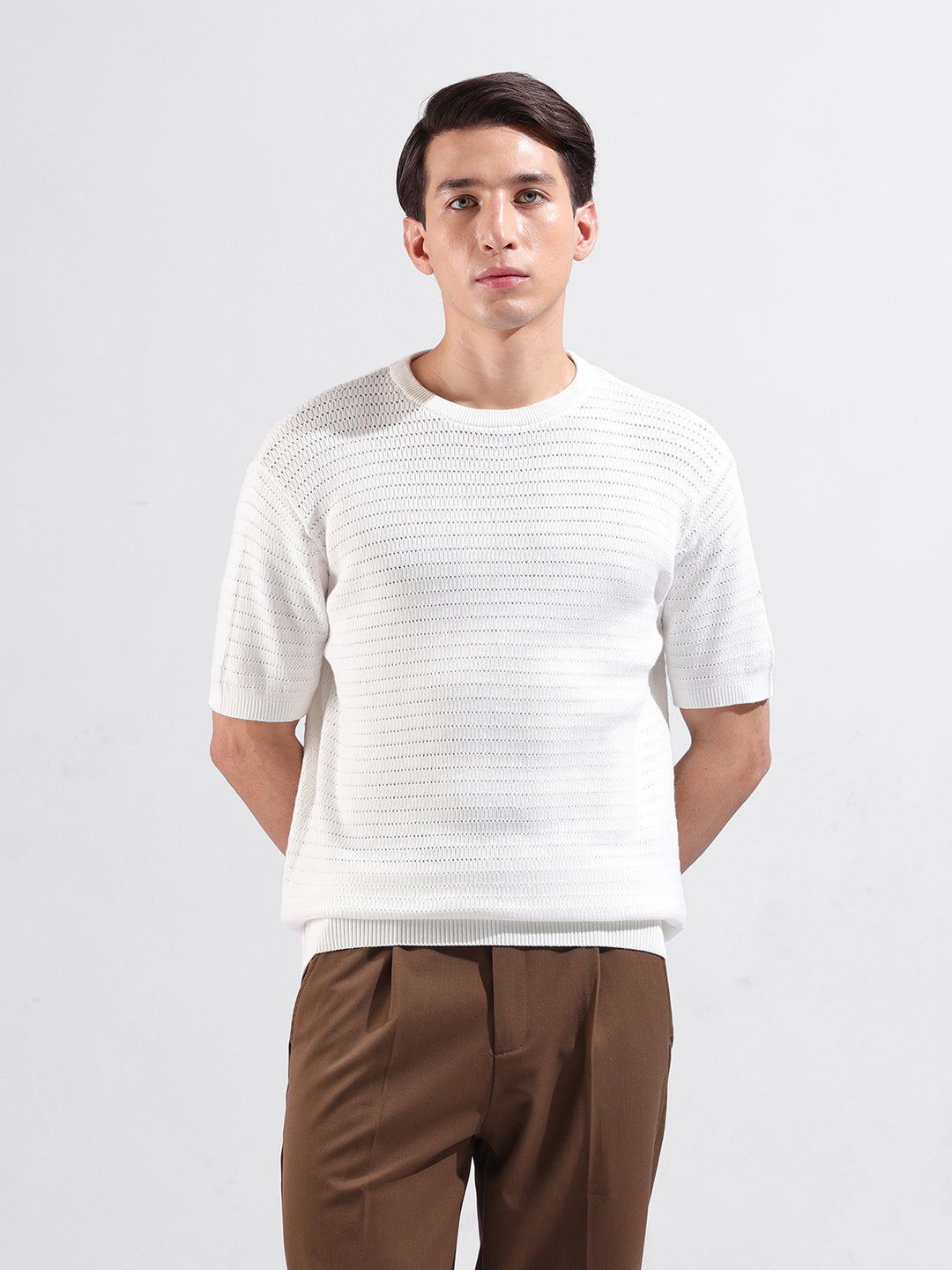 Men's White Slim Fit Textured Flat Knit Polo Collar T-Shirt