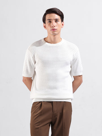 Men's White Slim Fit Textured Flat Knit Polo Collar T-Shirt