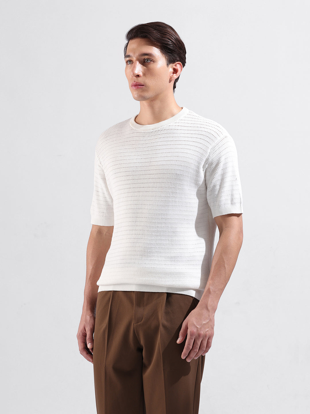 Men's White Slim Fit Textured Flat Knit Polo Collar T-Shirt
