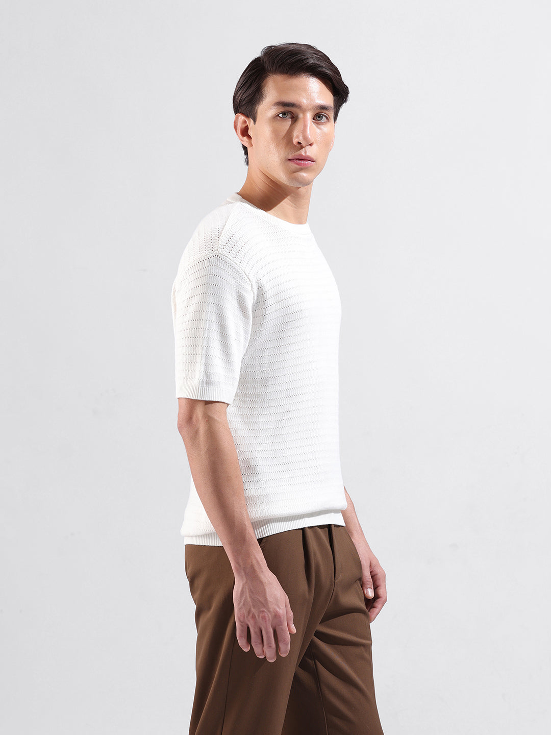 Men's White Slim Fit Textured Flat Knit Polo Collar T-Shirt