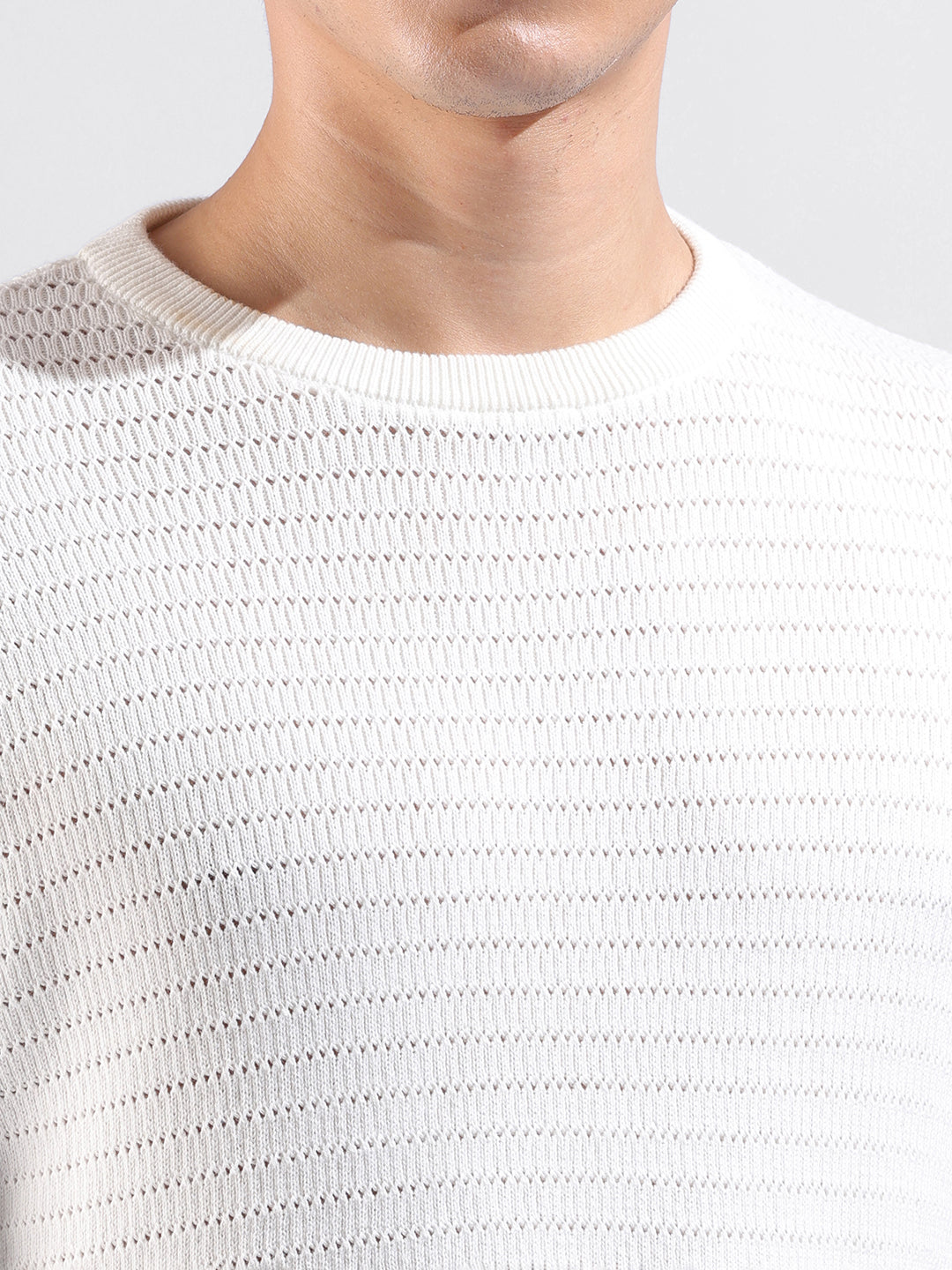 Men's White Slim Fit Textured Flat Knit Polo Collar T-Shirt