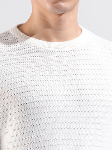 Men's White Slim Fit Textured Flat Knit Polo Collar T-Shirt