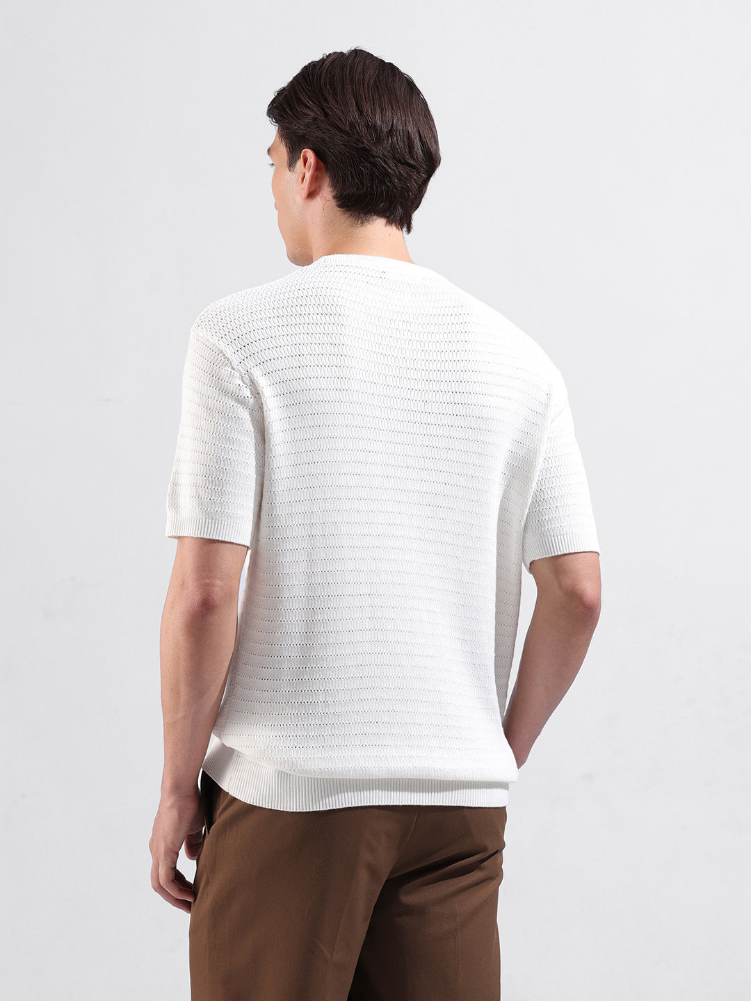 Men's White Slim Fit Textured Flat Knit Polo Collar T-Shirt