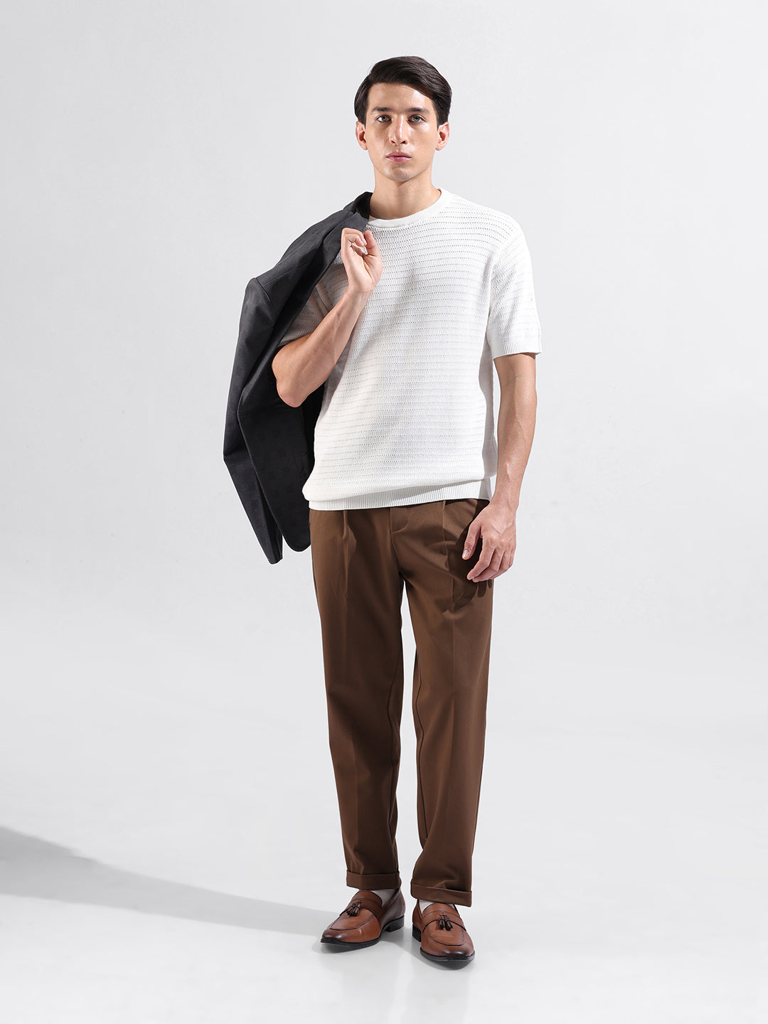 Men's White Slim Fit Textured Flat Knit Polo Collar T-Shirt