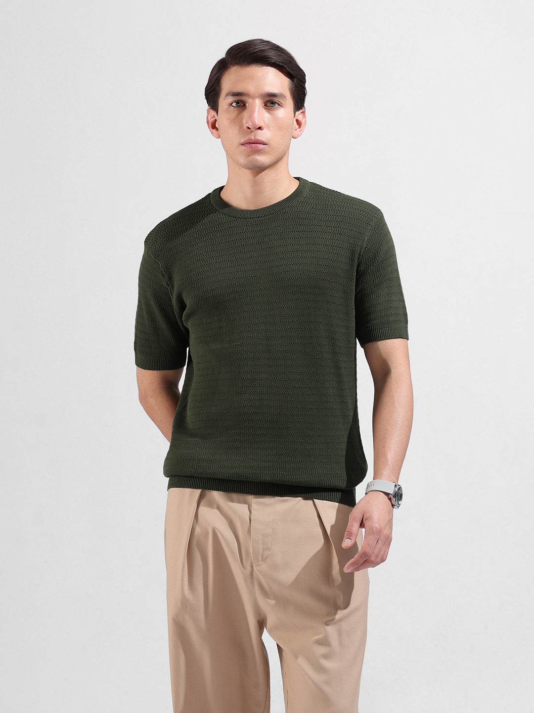 Men's Green Slim Fit Textured Flat Knit Polo Collar T-Shirt