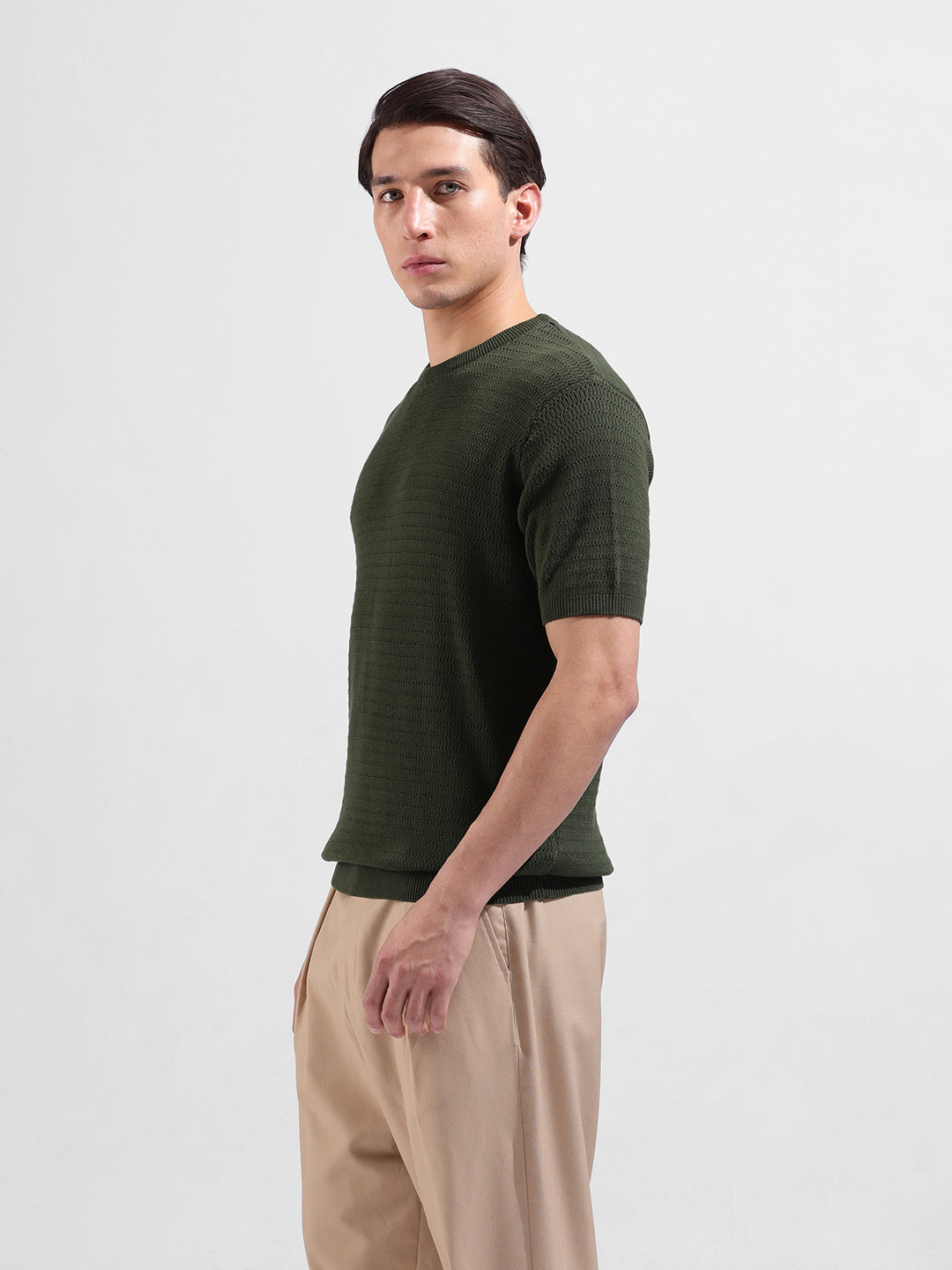Men's Green Slim Fit Textured Flat Knit Polo Collar T-Shirt