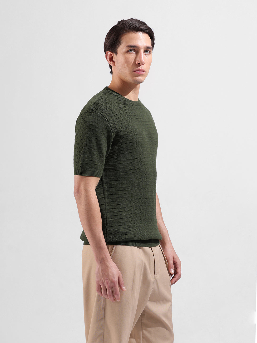 Men's Green Slim Fit Textured Flat Knit Polo Collar T-Shirt