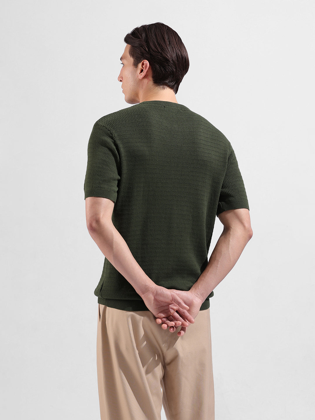 Men's Green Slim Fit Textured Flat Knit Polo Collar T-Shirt