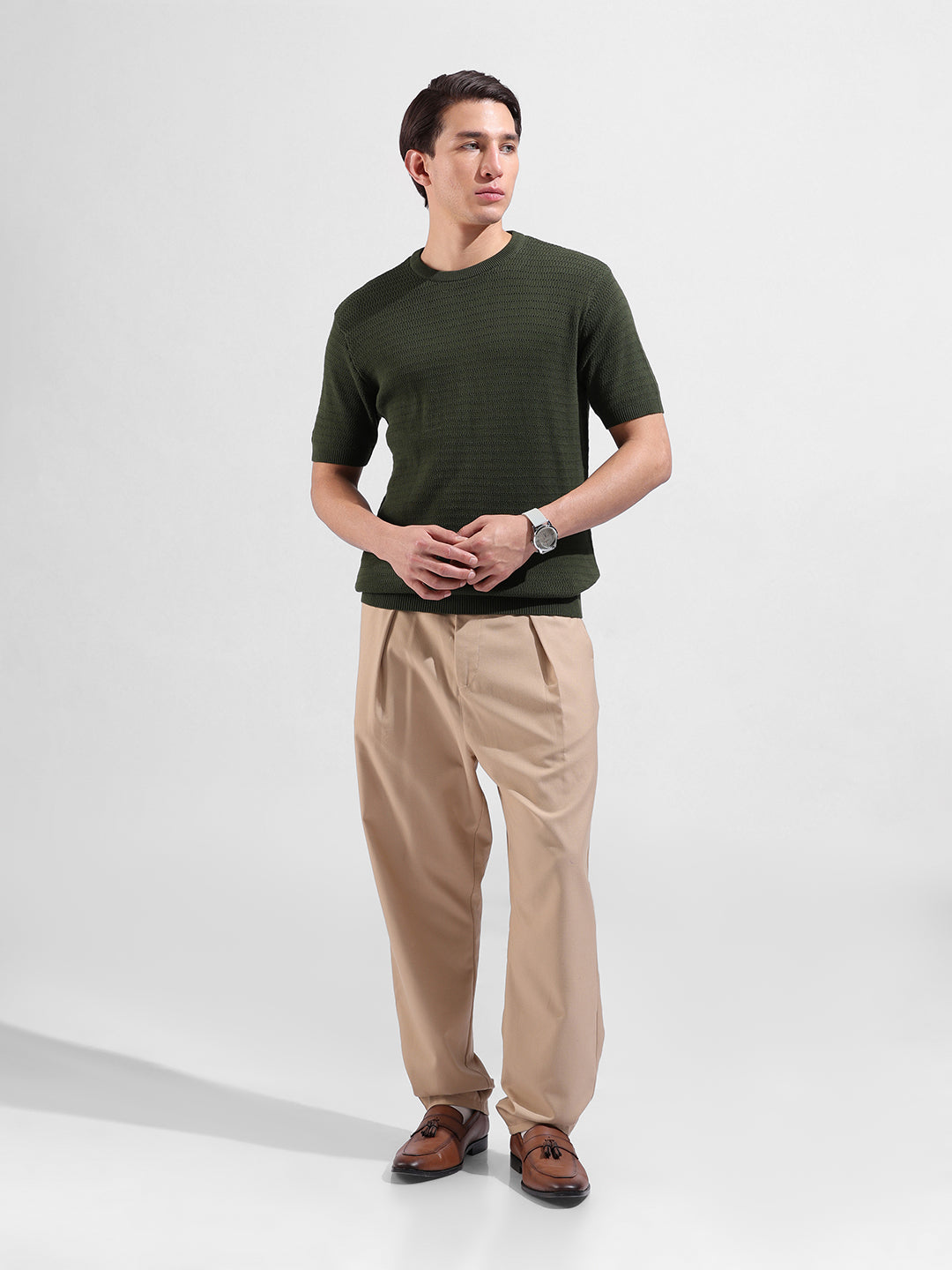 Men's Green Slim Fit Textured Flat Knit Polo Collar T-Shirt