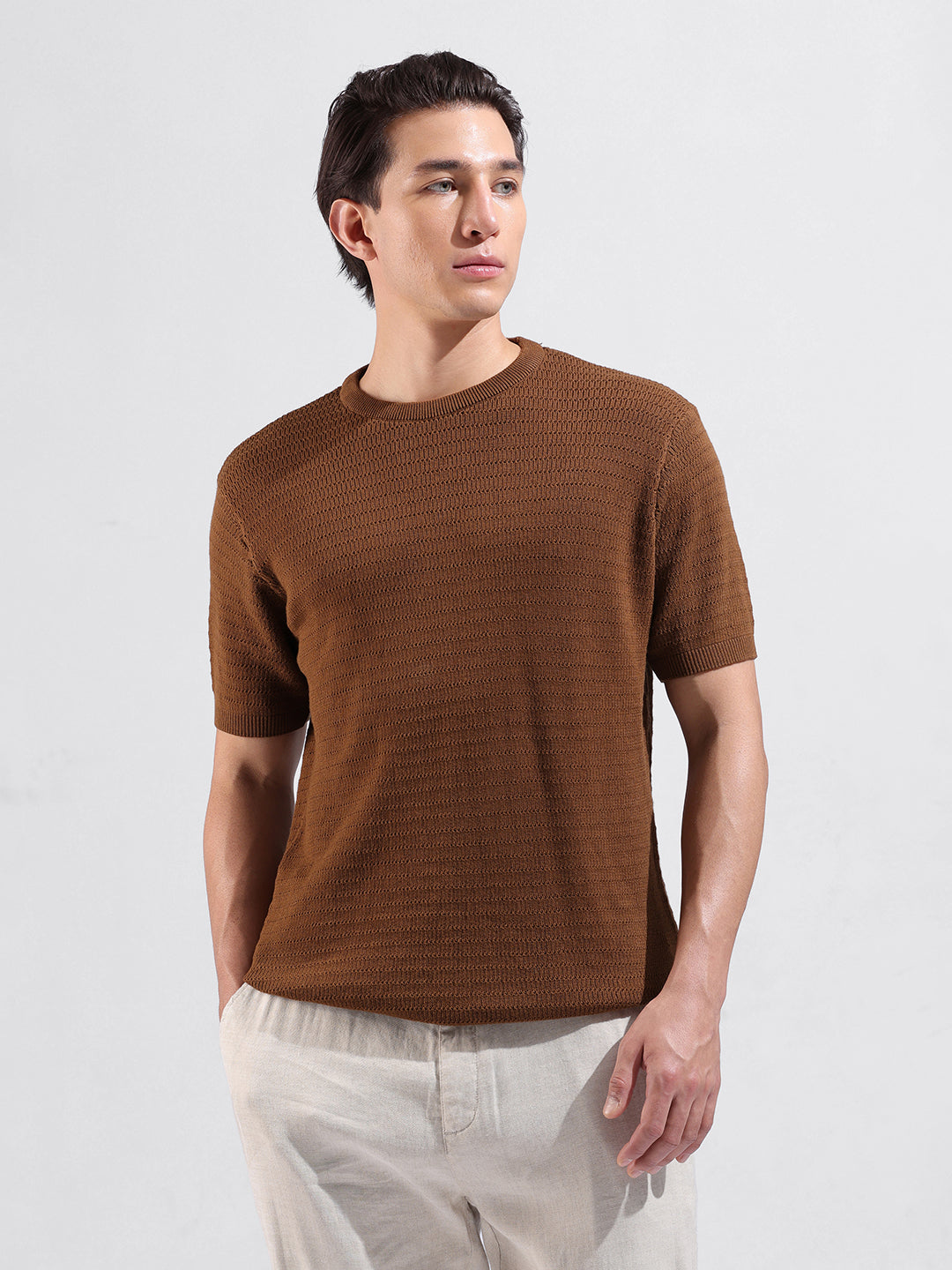 Men's Brown Slim Fit Textured Flat Knit Crew Neck T-Shirt