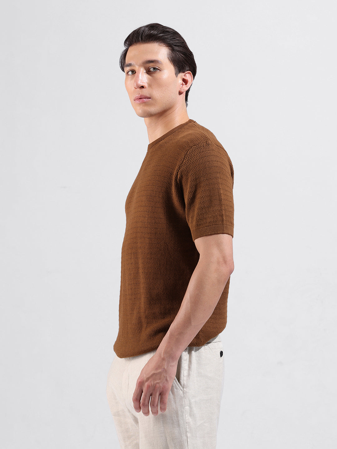 Men's Brown Slim Fit Textured Flat Knit Crew Neck T-Shirt