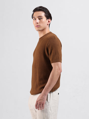 Men's Brown Slim Fit Textured Flat Knit Crew Neck T-Shirt