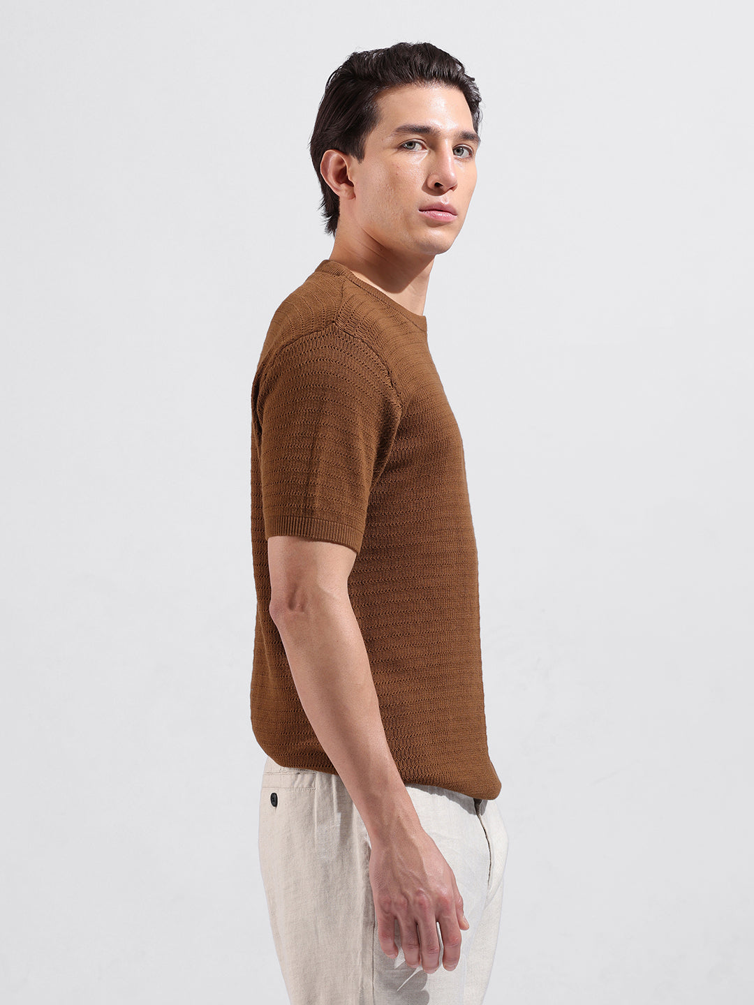 Men's Brown Slim Fit Textured Flat Knit Crew Neck T-Shirt