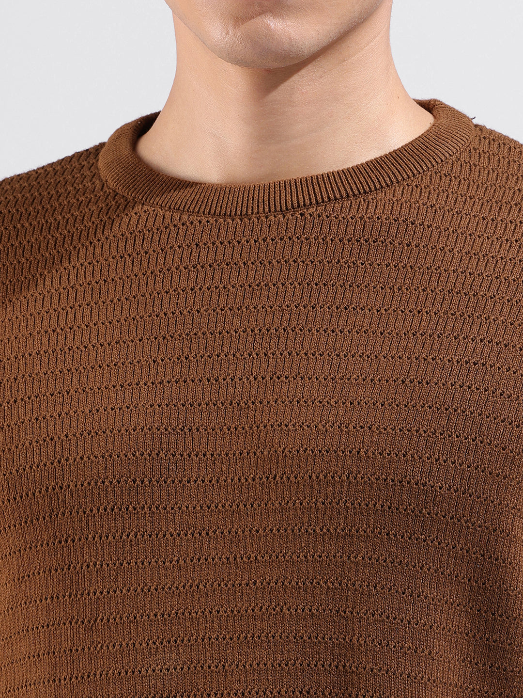 Men's Brown Slim Fit Textured Flat Knit Crew Neck T-Shirt