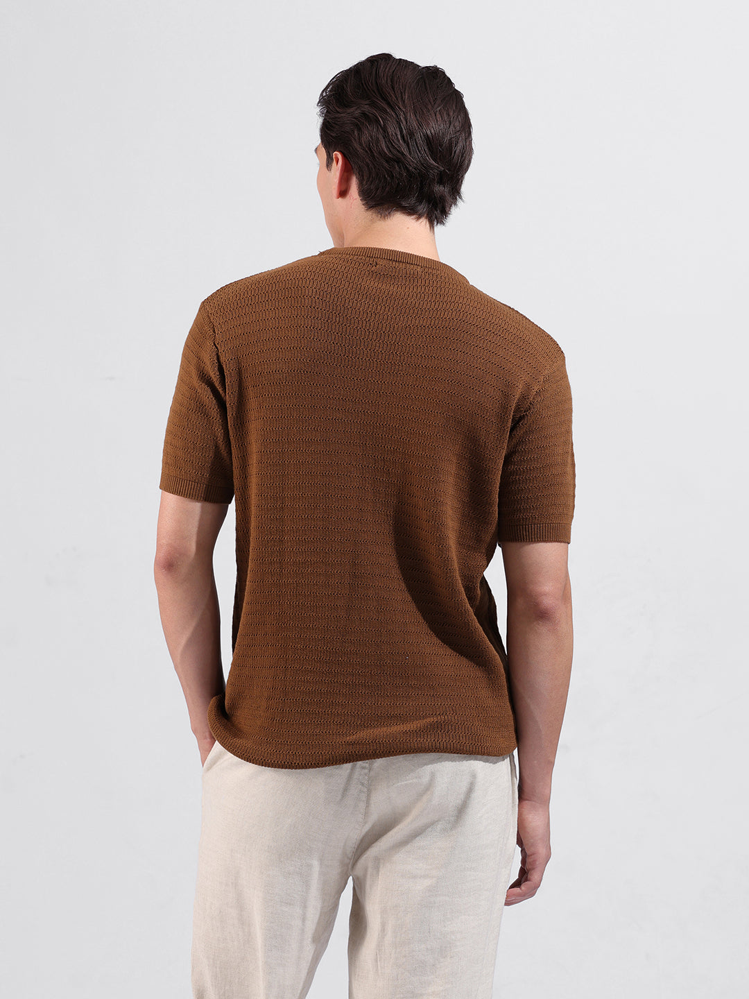 Men's Brown Slim Fit Textured Flat Knit Crew Neck T-Shirt