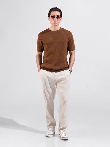 Men's Brown Slim Fit Textured Flat Knit Crew Neck T-Shirt