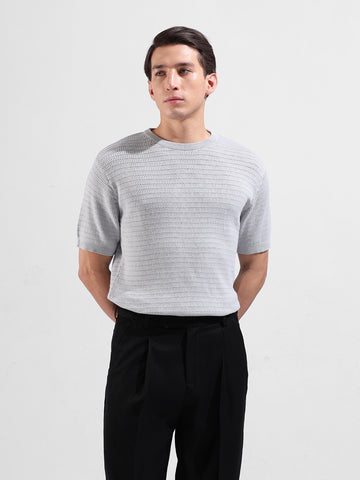 Men's Grey Slim Fit Textured Flat Knit Crew Neck T-Shirt