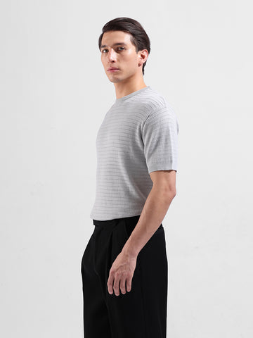 Men's Grey Slim Fit Textured Flat Knit Crew Neck T-Shirt