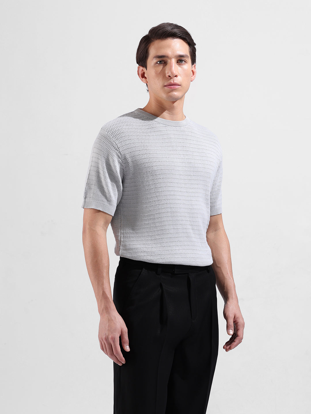 Men's Grey Slim Fit Textured Flat Knit Crew Neck T-Shirt