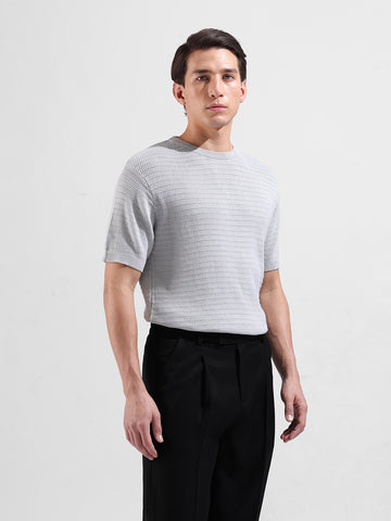 Men's Grey Slim Fit Textured Flat Knit Crew Neck T-Shirt