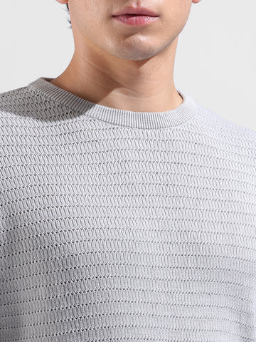 Men's Grey Slim Fit Textured Flat Knit Crew Neck T-Shirt