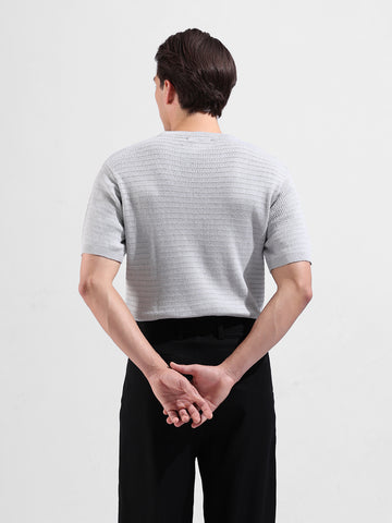 Men's Grey Slim Fit Textured Flat Knit Crew Neck T-Shirt