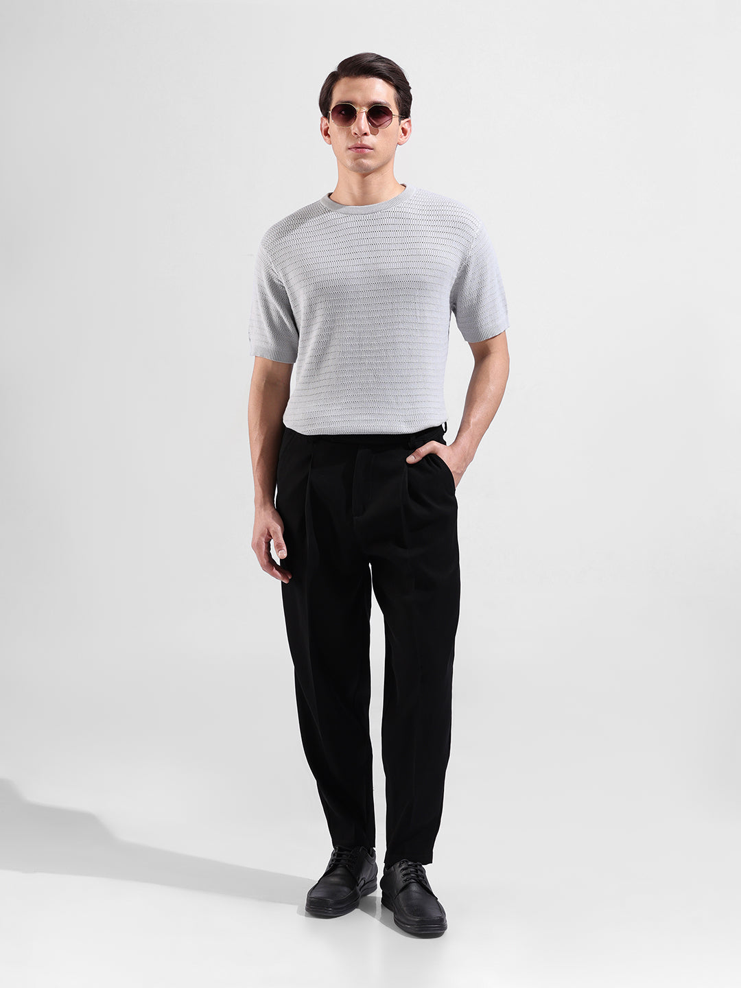 Men's Grey Slim Fit Textured Flat Knit Crew Neck T-Shirt