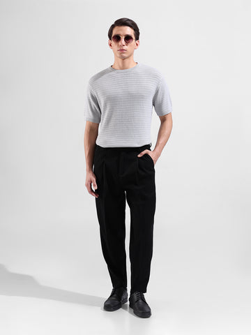 Men's Grey Slim Fit Textured Flat Knit Crew Neck T-Shirt