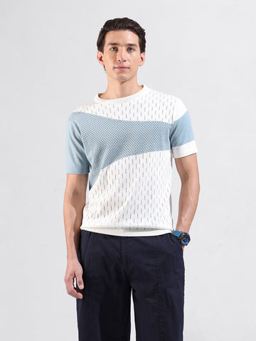 Men's White Slim Fit Textured Flat Knit Polo Collar T-Shirt