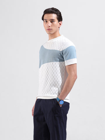 Men's White Slim Fit Textured Flat Knit Polo Collar T-Shirt