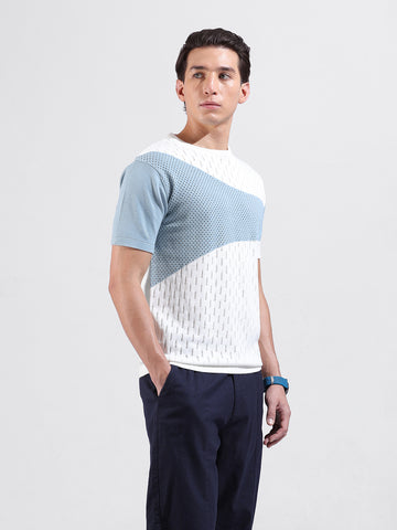 Men's White Slim Fit Textured Flat Knit Polo Collar T-Shirt