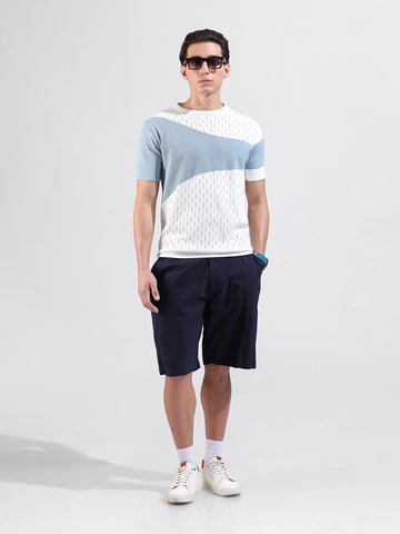Men's White Slim Fit Textured Flat Knit Polo Collar T-Shirt