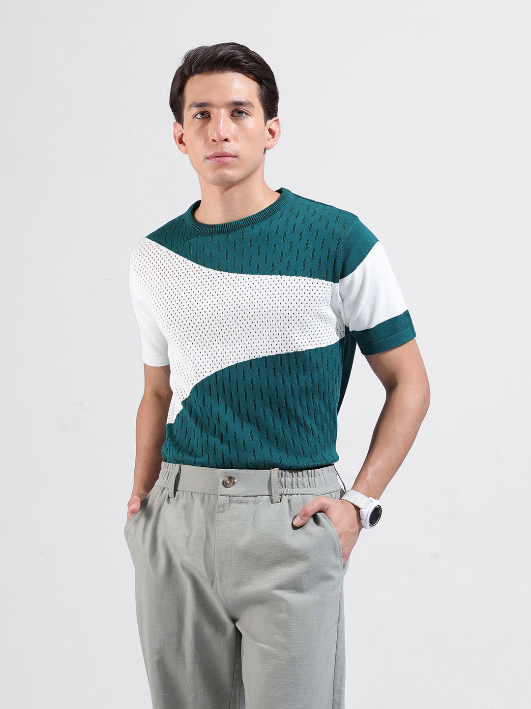 Men's Teal Slim Fit Solid Flat Knit Polo Collar T-Shirt