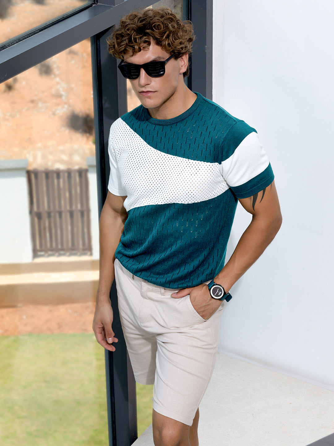 Men's Teal Slim Fit Solid Flat Knit Polo Collar T-Shirt