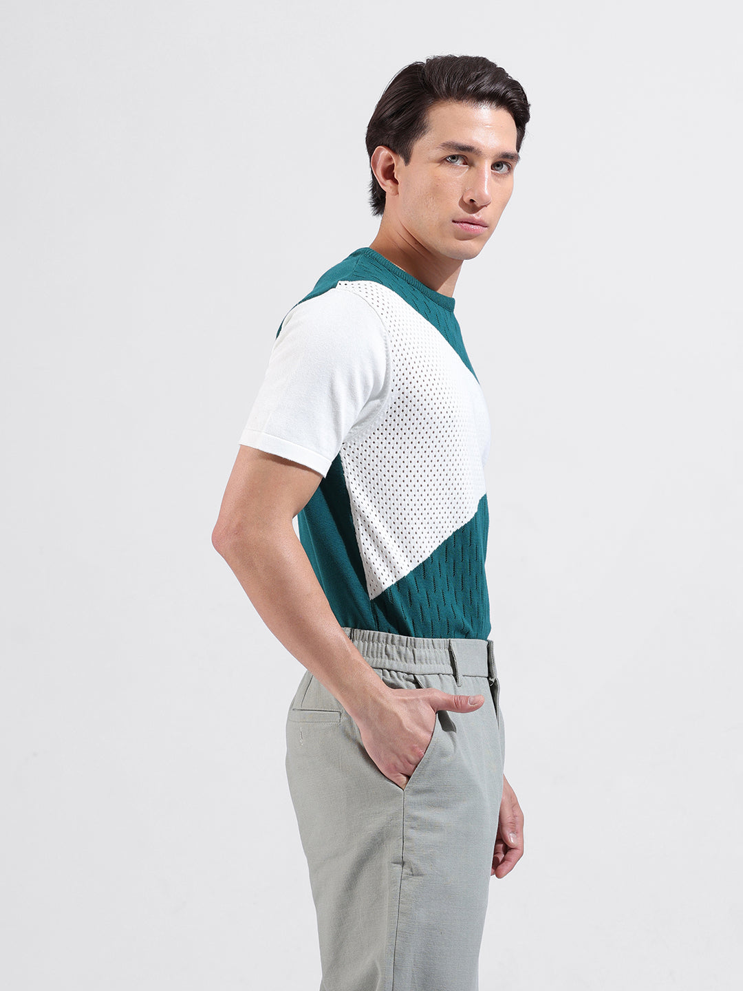Men's Teal Slim Fit Solid Flat Knit Polo Collar T-Shirt