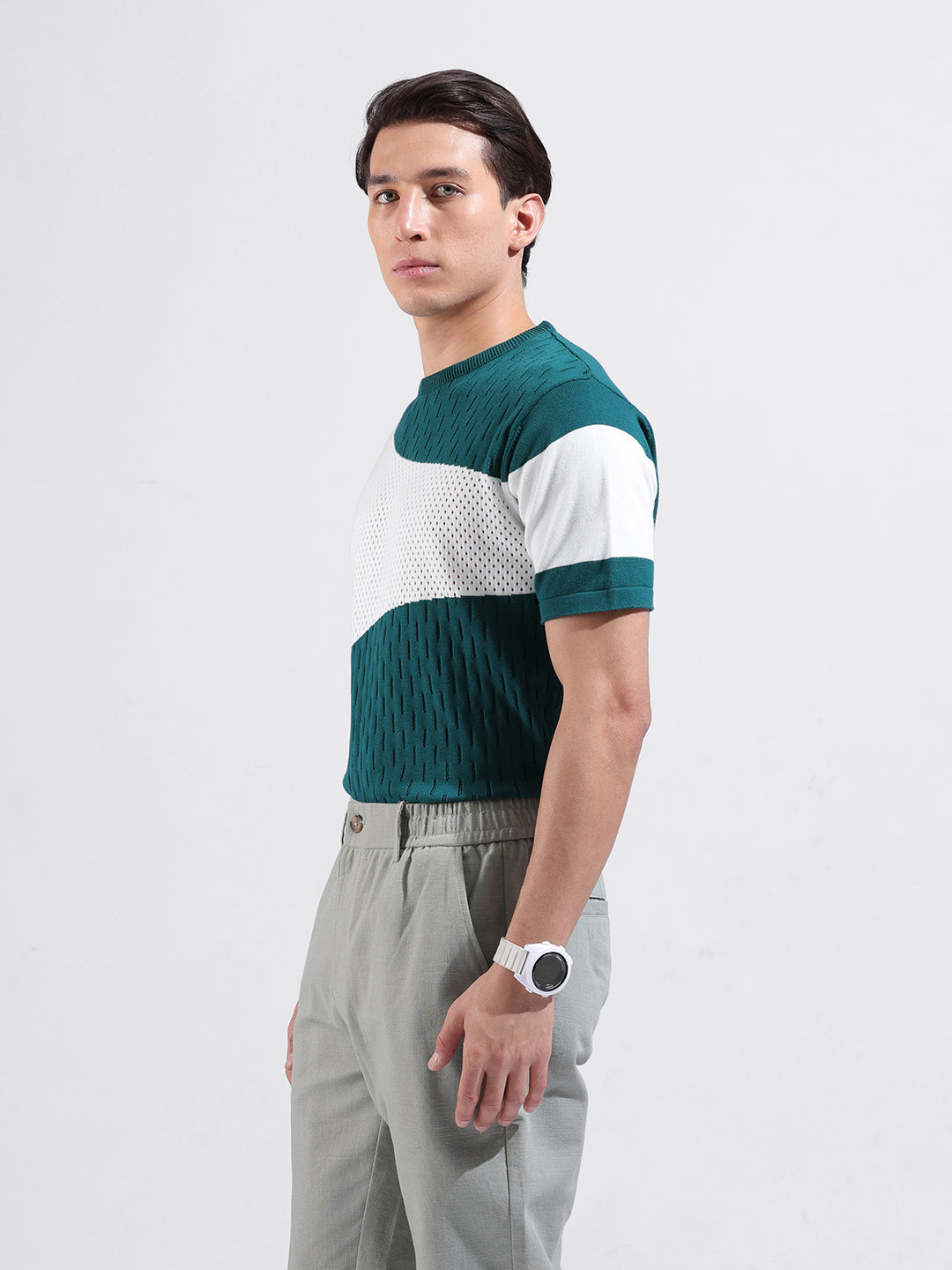 Men's Teal Slim Fit Solid Flat Knit Polo Collar T-Shirt