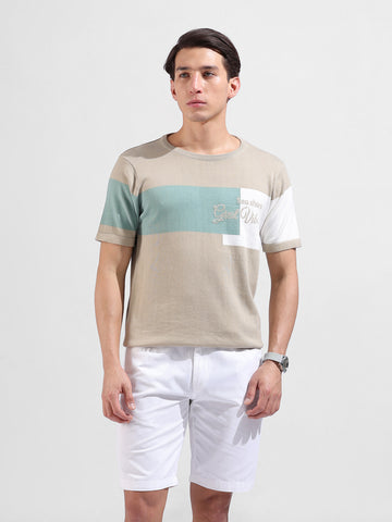 Men's Khaki Slim Fit Colourblocked Flat Knit Crew Neck T-Shirt