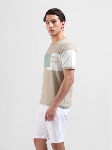 Men's Khaki Slim Fit Colourblocked Flat Knit Crew Neck T-Shirt