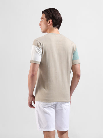 Men's Khaki Slim Fit Colourblocked Flat Knit Crew Neck T-Shirt