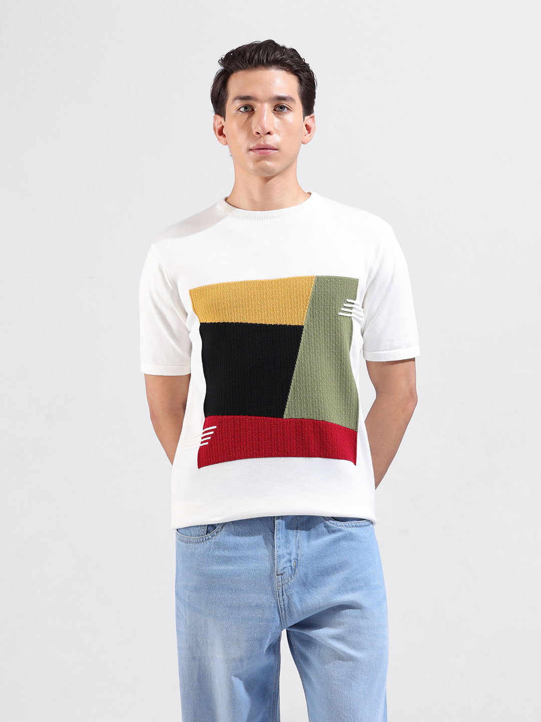 Men's White Slim Fit Textured Flat Knit Polo Collar T-Shirt