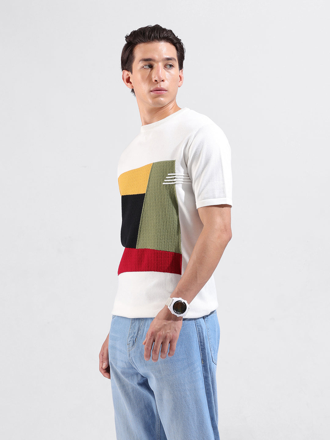 Men's White Slim Fit Textured Flat Knit Polo Collar T-Shirt